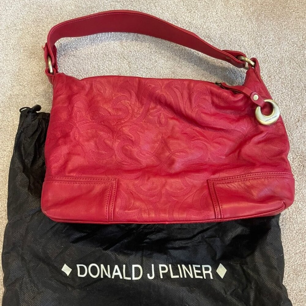 Donald J. Pliner Medium Red Leather Purse w/ Stitching Pattern + Gold Hardware